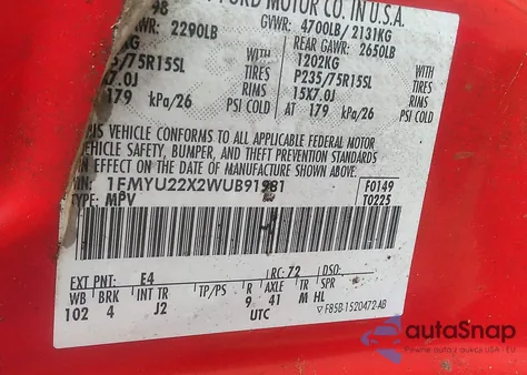 1998 Ford Explorer Sport z USA, uszkodzony, nr VIN 1FMYU22X2WUB91981